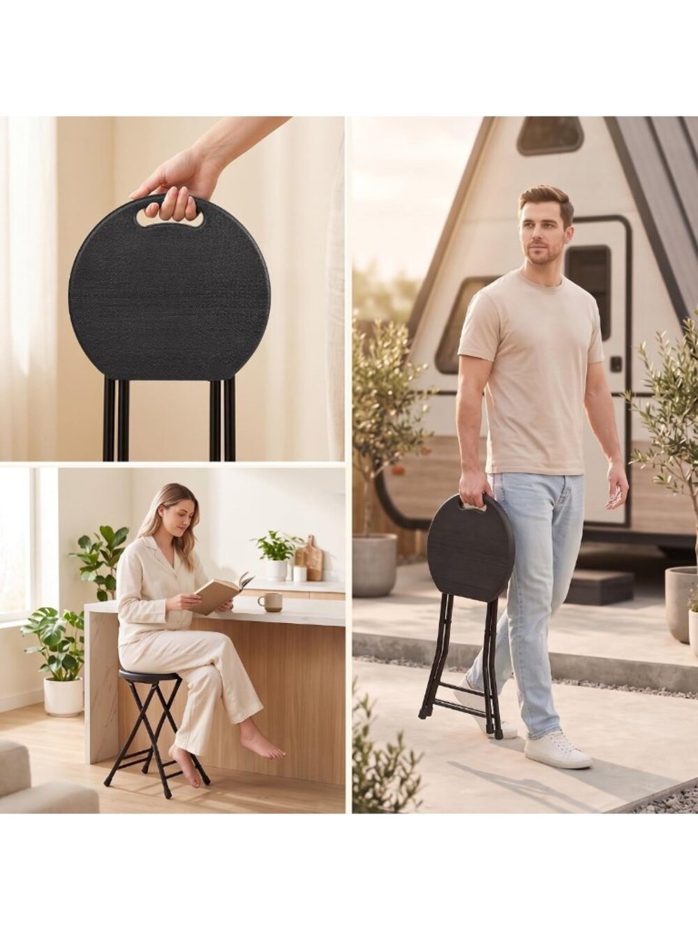 Portable Folding Stool with Handle, Non-Slip Feet, Indoor/Outdoor Use, Compact - Picture 3 of 7